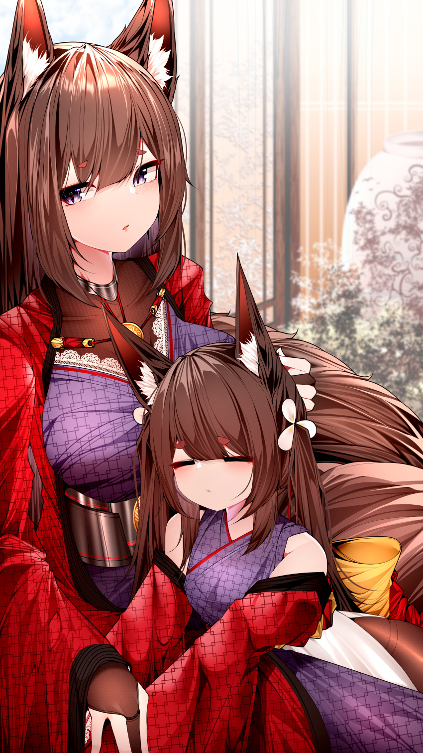 2girls absurdres amagi-chan_(azur_lane) amagi_(azur_lane) animal_ears azur_lane bangs blunt_bangs brown_hair commentary_request eyebrows_visible_through_hair eyeshadow fox_ears fox_girl fox_tail hair_ornament highres kyuubi long_hair long_sleeves makeup multiple_girls multiple_tails off-shoulder_kimono parted_lips samip sidelocks sleeping sleeping_on_person tail thick_eyebrows twintails violet_eyes wide_sleeves