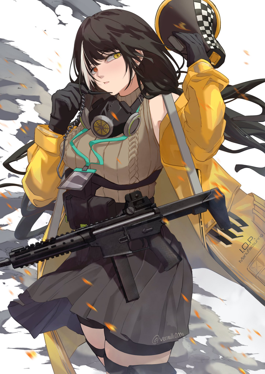 1girl ammunition_belt arm_up bangs black_gloves black_hair black_skirt blush brown_sweater_vest closed_mouth eyebrows_visible_through_hair feet_out_of_frame gas_mask girls_frontline gloves heterochromia highres holding holding_megaphone id_card jacket lips long_hair looking_at_viewer mask mask_around_neck megaphone microphone mod3_(girls'_frontline) multicolored_hair open_clothes open_jacket red_eyes ro635 ro635_(girls'_frontline) simple_background skirt smoke solo standing sweater_vest twitter_username vermilli000n yellow_eyes yellow_jacket