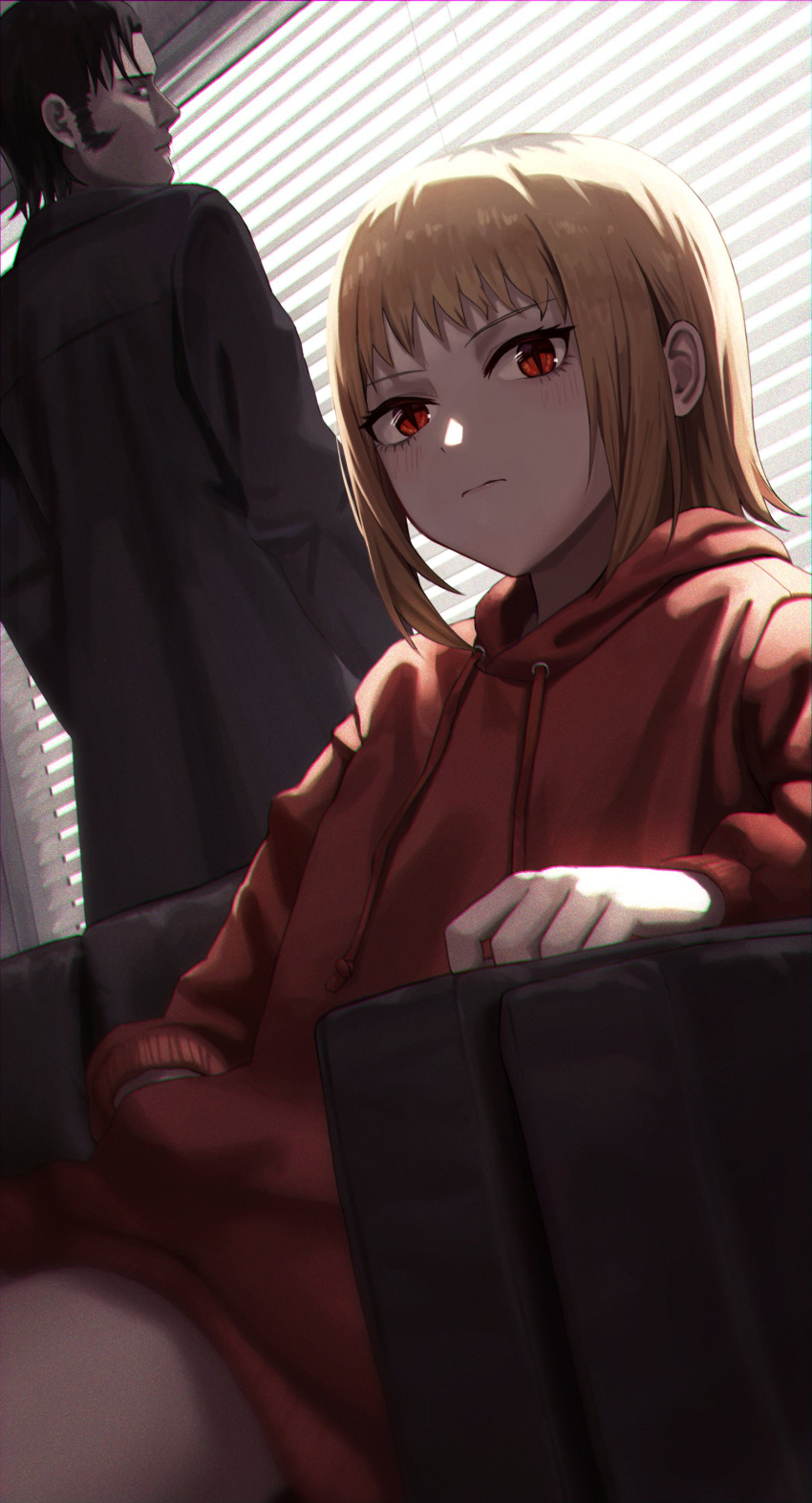 1boy 1girl absurdres akane_sawatari_(chainsaw_man) bangs black_coat blinds blonde_hair chainsaw_man closed_mouth coat couch expressionless hand_in_pocket highres hood hooded_jacket indoors jacket katana_man_(chainsawman) looking_at_viewer red_jacket short_hair sitting slit_pupils standing tare_negima window