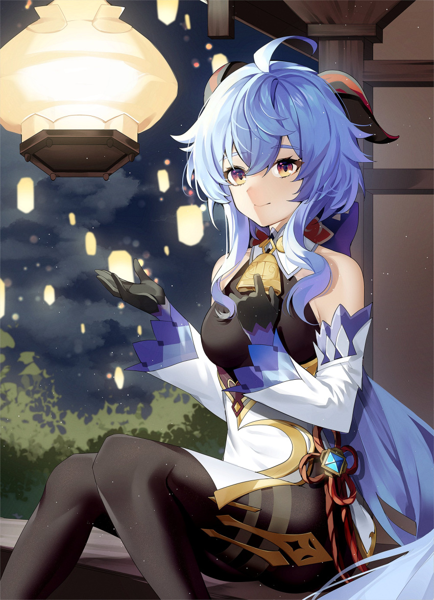 1girl absurdres ahoge bangs bare_shoulders bell black_gloves black_legwear blue_hair bow breasts chinese_knot detached_sleeves eyebrows_visible_through_hair flower_knot ganyu_(genshin_impact) genshin_impact gloves gold_trim hi_i_dubu highres horns lantern light_smile long_hair looking_at_viewer multicolored_eyes neck_bell night red_rope rope sidelocks sitting solo thighlet vision_(genshin_impact) white_sleeves