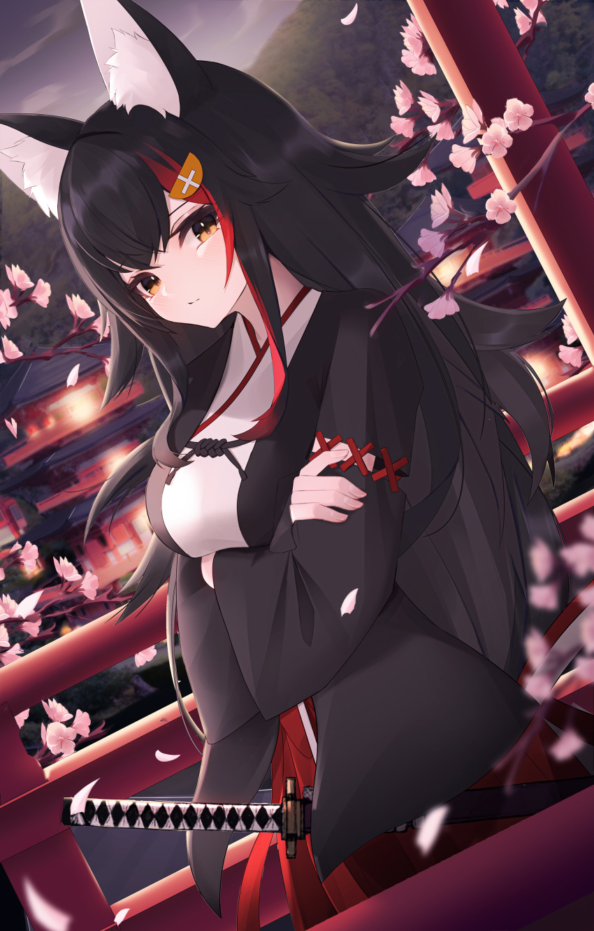 1girl absurdres animal_ear_fluff animal_ears arms_under_breasts bangs black_hair branch brown_eyes closed_mouth commentary_request crossed_arms flower hakama haori highres hololive japanese_clothes kimono long_hair long_sleeves looking_at_viewer multicolored_hair ookami_mio petals pink_flower red_hakama redhead sheath sheathed solo streaked_hair sword thomas_8000 very_long_hair virtual_youtuber weapon white_kimono wolf_ears