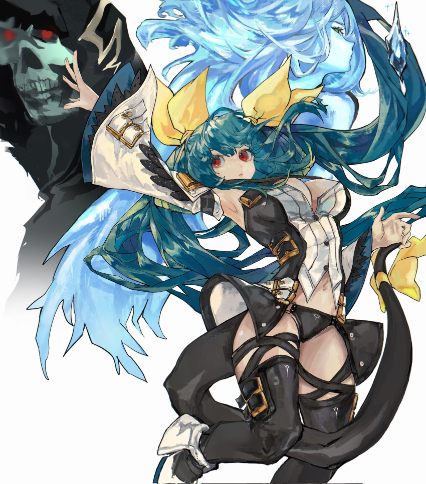 1girl angel_wings armpits asymmetrical_wings belt black_legwear black_panties blue_hair breasts dizzy_(guilty_gear) found_modori green_eyes guilty_gear guilty_gear_xrd hair_ribbon hair_rings highres ice large_breasts long_hair looking_at_viewer midriff monster_girl multiple_girls navel necro_(guilty_gear) open_mouth panties parted_lips red_eyes ribbon simple_background stomach tail tail_ornament tail_ribbon thigh-highs thigh_strap thighs twintails underwear undine_(guilty_gear) white_background wide_sleeves wings yellow_ribbon