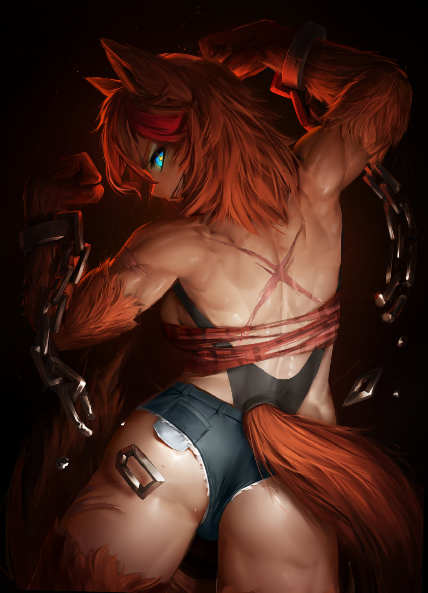 1girl absurdres animal_ears ass back backboob blue_eyes breasts buffpup_(vtuber) chain cowboy_shot cuffs denim denim_shorts dog_ears dog_girl dog_tail flexing fur highres indie_virtual_youtuber looking_at_viewer medium_hair muscular muscular_female numanoan orange_fur orange_hair parted_lips pose scar shackles short_shorts shorts smirk solo tail teeth virtual_youtuber