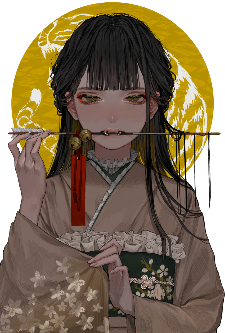 1girl absurdres arrow_(projectile) arrow_in_mouth bangs bell black_hair blush brown_eyes brown_hair brown_kimono colored_inner_hair commentary_request face fangs floral_print hand_up hands highres japanese_clothes jingle_bell kimono lips long_hair long_sleeves looking_at_viewer mouth_hold multicolored_hair obi original sash simple_background solo tayumeru upper_body