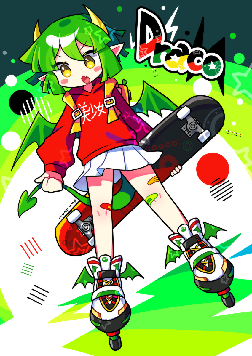 1girl absurdres bandages blush_stickers brown_eyes character_name draco_centauros dragon_girl dragon_horns dragon_tail dragon_wings fang green_hair highres holding holding_skateboard hood hoodie horns long_sleeves offbeat open_mouth pleated_skirt puyopuyo red_hoodie roller_skates short_hair skateboard skates skirt solo tail white_skirt wings