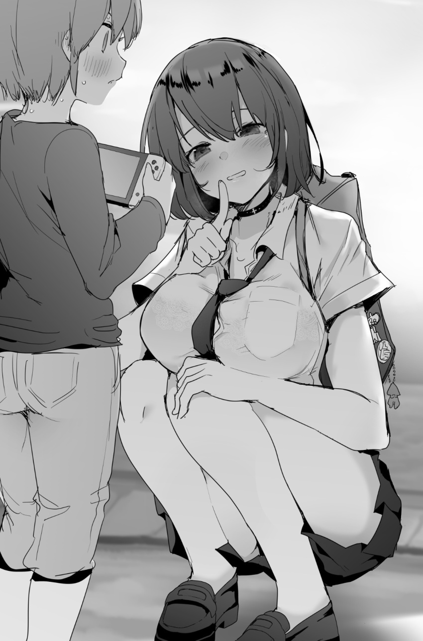 1boy 1girl age_difference bag blush bra_visible_through_clothes breast_pocket breasts choker collared_shirt greyscale highres large_breasts loafers long_sleeves monochrome necktie nintendo_switch original pocket ryouma_(galley) school_bag school_uniform sexually_suggestive shirt shoes short_hair short_sleeves skirt squatting sweat textless