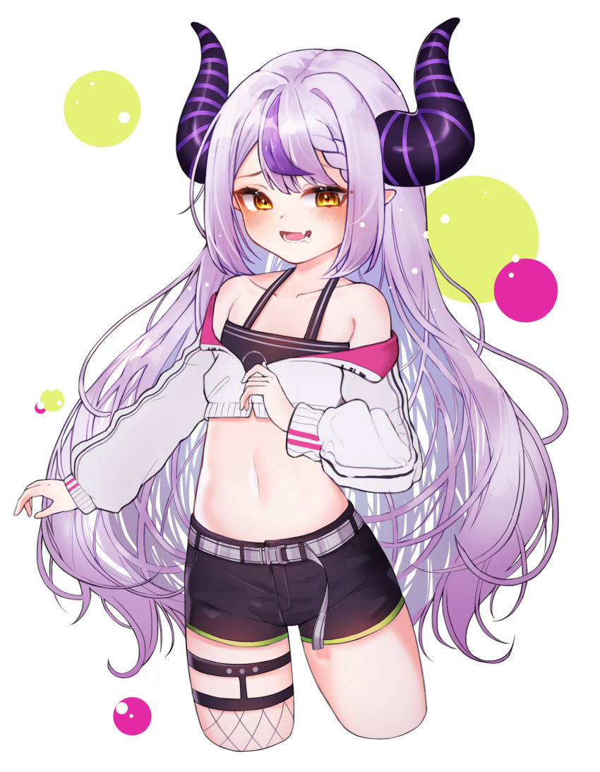1girl :d absurdres bangs bare_shoulders black_shorts blush chessy commentary cosplay crop_top cropped_jacket demon_horns eyebrows_visible_through_hair fishnet_legwear fishnets highres hololive horns jacket la+_darknesss long_hair long_sleeves looking_at_viewer multicolored_hair navel purple_hair short_shorts shorts silver_hair simple_background single_thighhigh smile solo stomach streaked_hair thigh-highs tokoyami_towa tokoyami_towa_(cosplay) very_long_hair virtual_youtuber white_jacket yellow_eyes