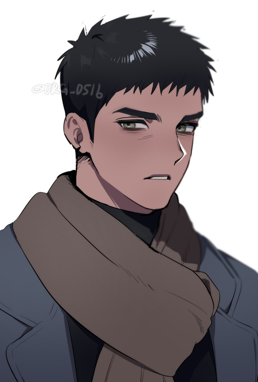 1boy artist_name black_hair black_shirt blue_jacket brown_scarf dark_skin green_eyes highres jacket looking_to_the_side male_focus mongz original scarf serious shirt solo spiky_hair text_focus thick_eyebrows