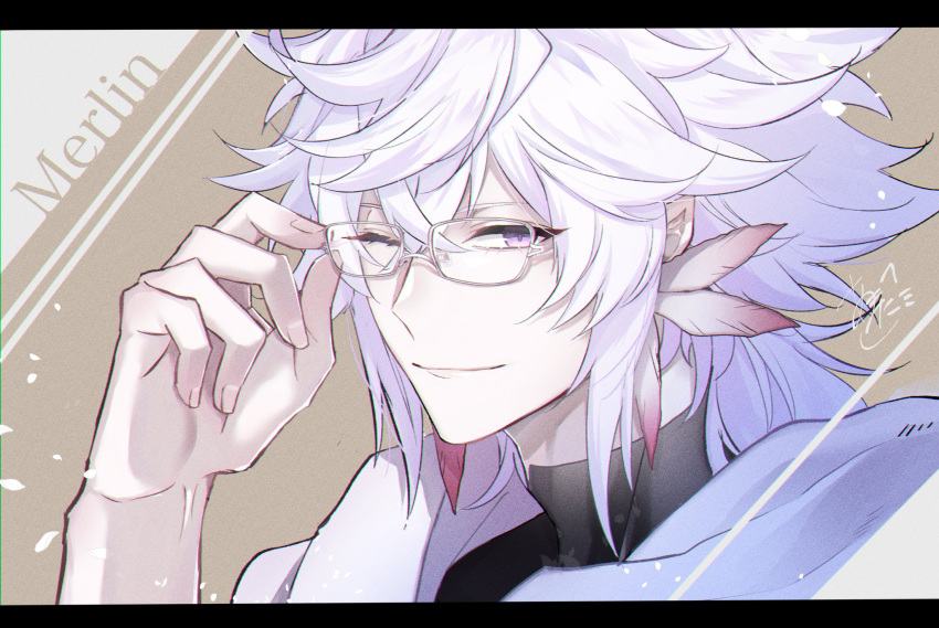 1boy ;) ahoge amata1006 bangs character_name commentary earrings face fate/grand_order fate_(series) glasses hair_between_eyes highres jewelry light_smile long_hair looking_at_viewer male_focus merlin_(fate) one_eye_closed signature smile solo very_long_hair violet_eyes white_hair