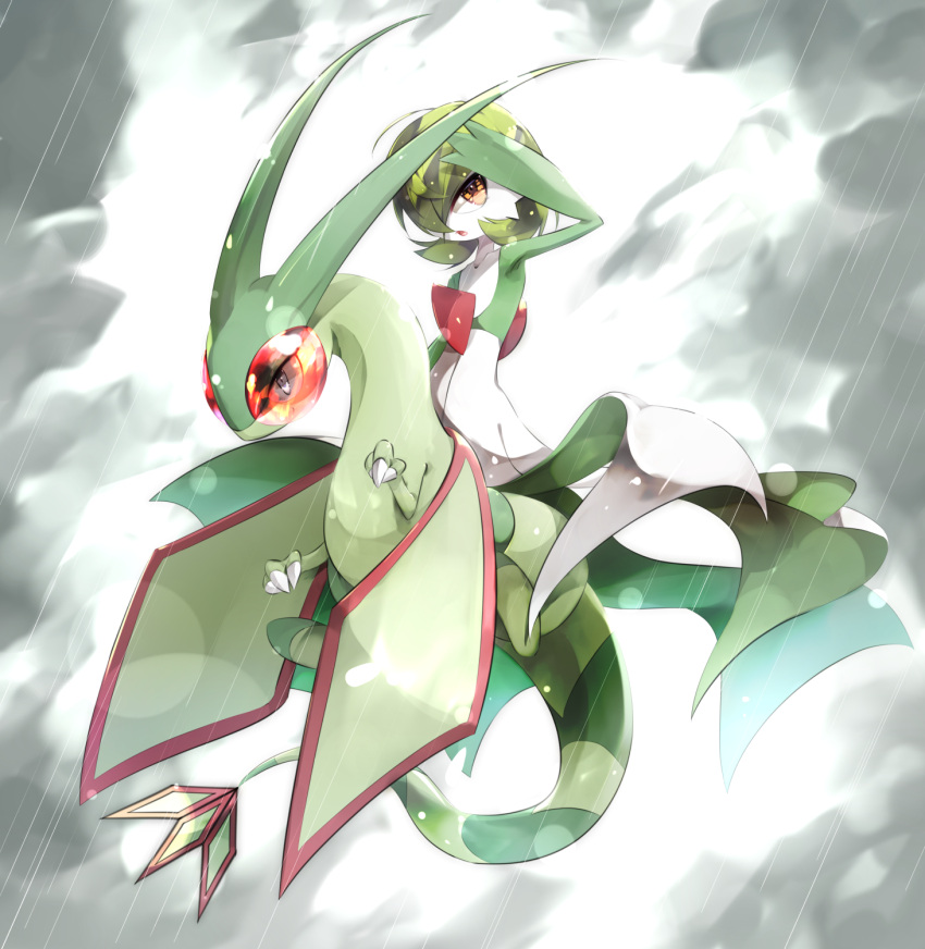 1girl arm_up armpits bangs bob_cut claws clouds cloudy_sky collarbone colored_sclera colored_skin commentary_request dragon flat_chest flygon full_body gardevoir get gorilla_(bun0615) green_hair green_skin grey_eyes hair_over_one_eye highres looking_to_the_side midair multicolored_skin one_eye_covered open_mouth partial_commentary pokemon pokemon_(creature) rain red_eyes red_sclera riding shading_eyes short_hair sky storm two-tone_skin white_skin