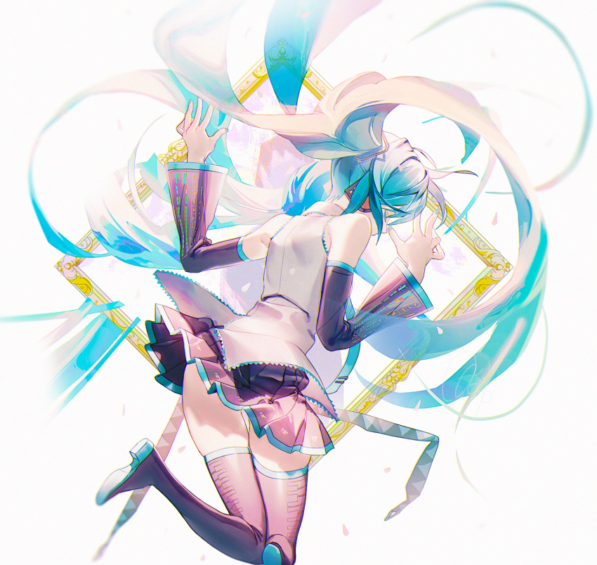 1girl agyou_sonokou_l aqua_hair aqua_nails aqua_necktie bare_shoulders belt black_legwear black_skirt black_sleeves boots closed_eyes commentary detached_sleeves floating_hair from_behind grey_shirt hair_ornament hands_up hatsune_miku headphones headset high_heels highres legs_up long_hair making-of_available miniskirt nail_polish necktie painting_(object) piano_print pleated_skirt shirt skindentation skirt sleeveless sleeveless_shirt solo thigh-highs thigh_boots twintails very_long_hair vocaloid zettai_ryouiki