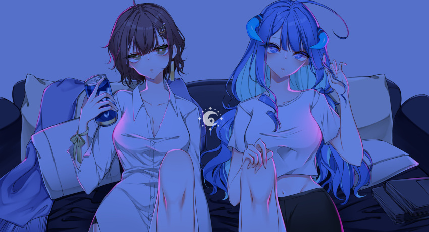 2girls bangs blue_eyes blue_hair book can collarbone collared_shirt commentary commission couch e-stu earrings green_eyes head_tilt highres holding holding_can holding_hair horns jewelry korean_commentary long_hair miori_celesta multiple_girls parted_lips pillow prism_project rikudou_yura shirt short_hair single_earring sitting treble_clef_hair_ornament tsunderia virtual_youtuber white_shirt