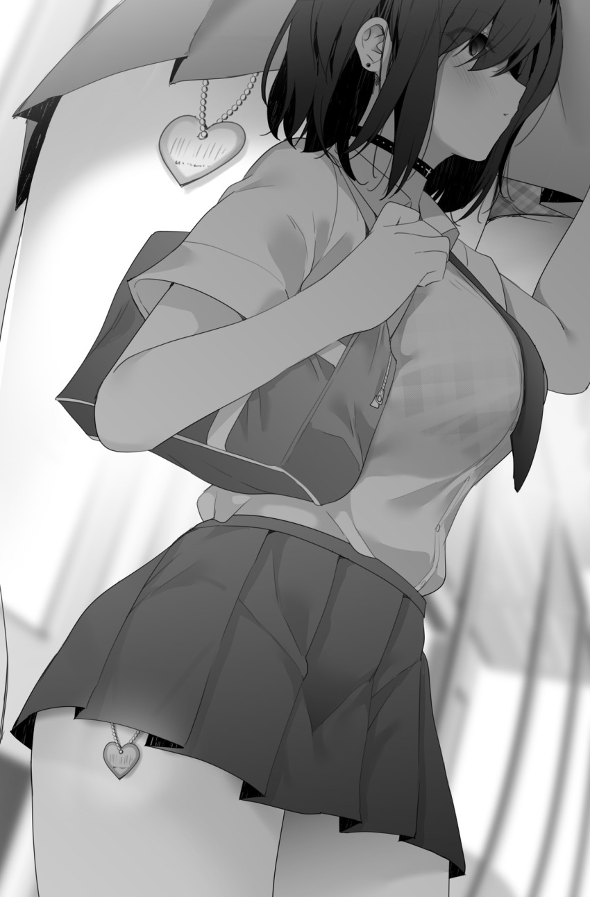 1girl bag blurry blurry_background blush bra bra_visible_through_clothes breasts choker collared_shirt greyscale heart highres large_breasts monochrome necktie original pleated_skirt ryouma_(galley) school_bag school_uniform shirt shirt_tucked_in short_hair short_sleeves skirt solo underwear zoom_layer