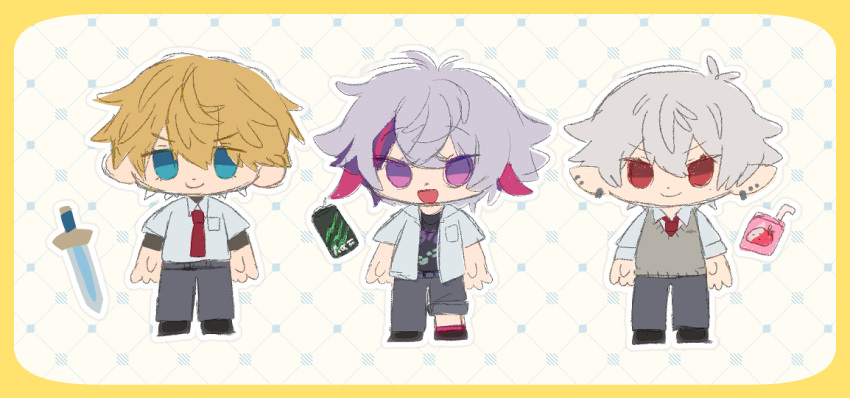 3boys :d bendy_straw black_pants black_shirt blonde_hair blue_eyes can chibi closed_mouth collared_shirt drinking_straw ex_albio fuwa_minato grey_hair grey_shirt kiduta_cielo kuzuha_(nijisanji) layered_sleeves long_sleeves male_focus multicolored_hair multiple_boys necktie nijisanji open_clothes open_shirt pants purple_hair red_eyes red_necktie redhead shirt short_over_long_sleeves short_sleeves smile standing streaked_hair sweater_vest sword violet_eyes virtual_youtuber weapon