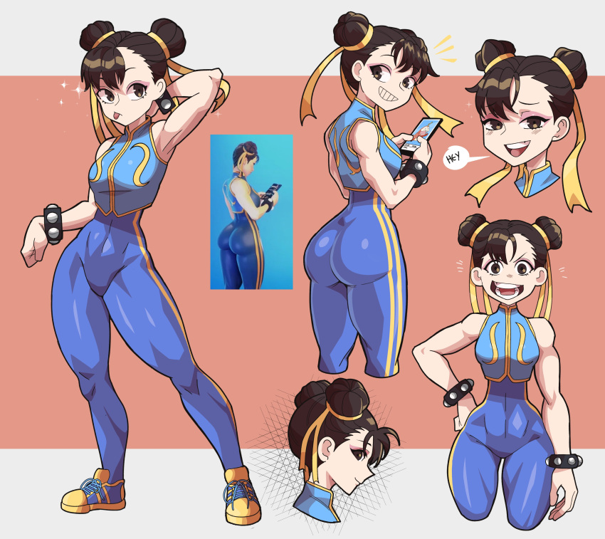 1girl :d :p absurdres ass bangs breasts brown_hair bun_cover chinese_clothes chun-li double_bun english_commentary full_body hand_on_hip highres jewelry looking_at_viewer mg991998 multiple_views official_alternate_costume smile solo standing street_fighter street_fighter_zero_(series) studded_bracelet swept_bangs thick_thighs thighs tongue tongue_out