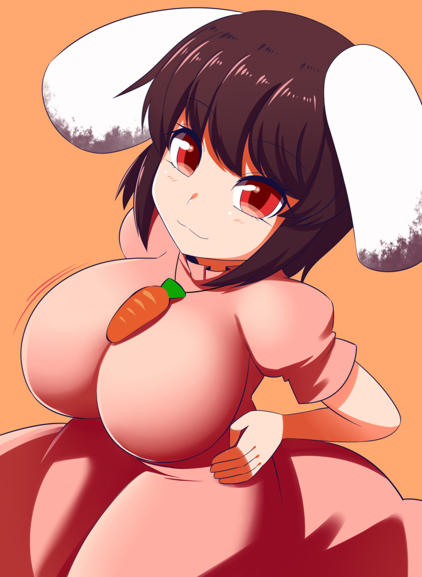 1girl animal_ears black_hair breasts carrot_necklace dress floppy_ears frilled_dress frilled_sleeves frills highres inaba_tewi jewelry large_breasts pendant pink_dress puffy_short_sleeves puffy_sleeves rabbit rabbit_ears rabbit_girl red_eyes ribbon-trimmed_dress short_hair short_sleeves solo touhou wavy_hair xialu_zajin