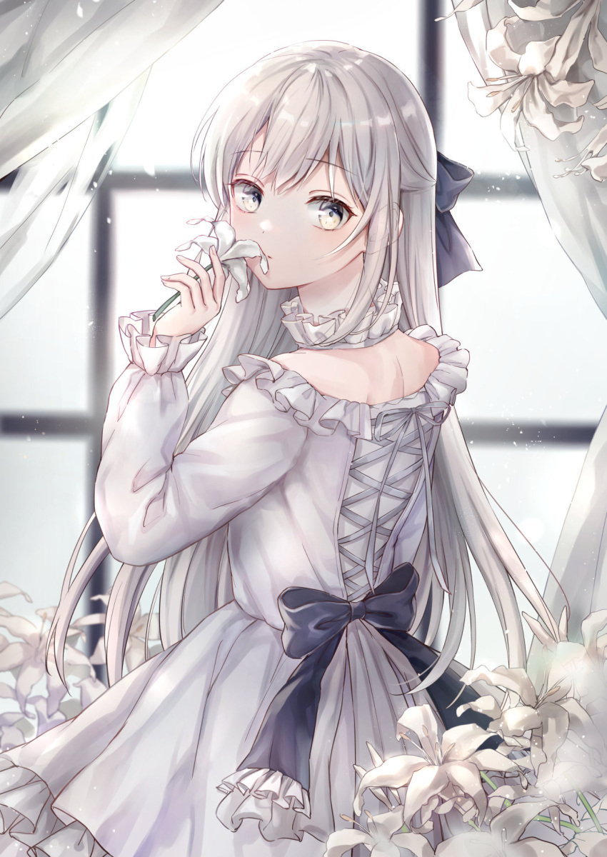1girl back_bow bangs black_bow bow closed_mouth detached_collar dress eyebrows_visible_through_hair flower from_behind grey_dress grey_eyes grey_hair hair_bow hand_up highres holding holding_flower long_sleeves looking_at_viewer looking_back original solo tied_hair tsumugi_8345 white_flower window