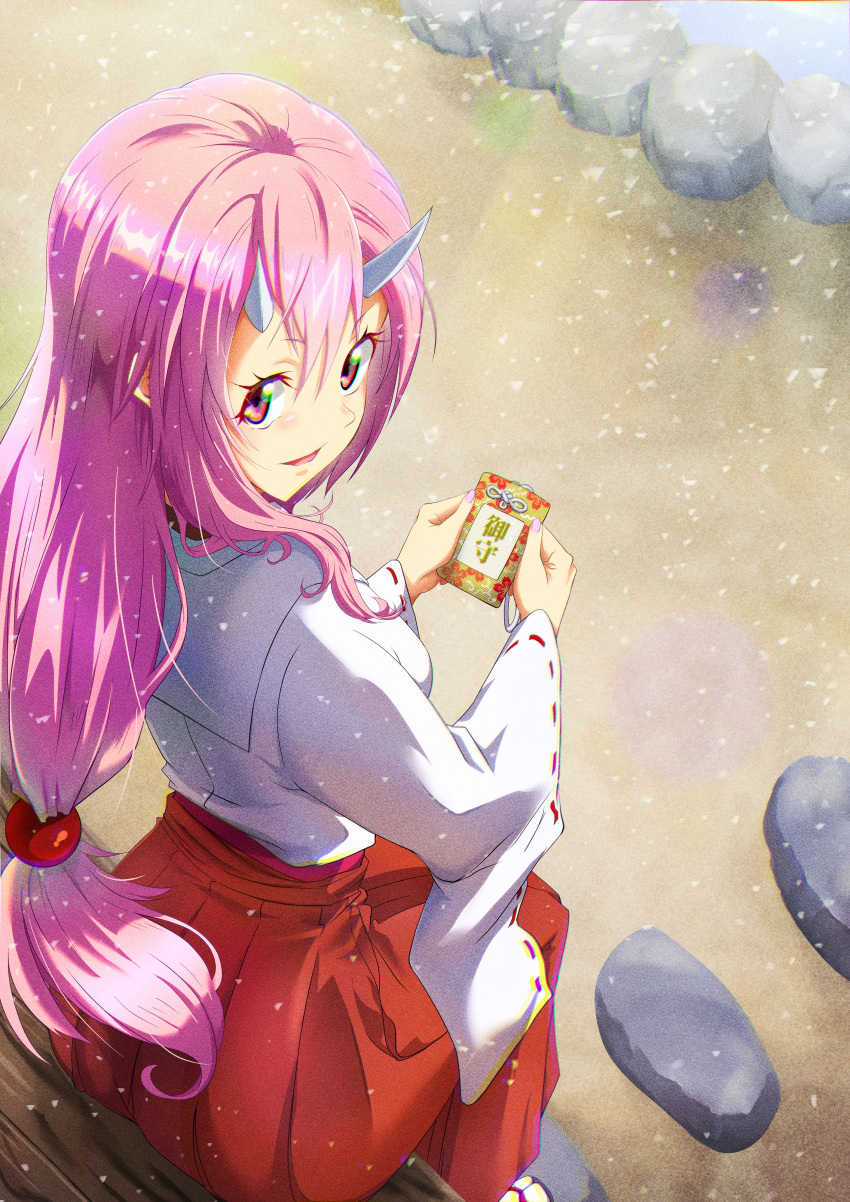 1girl :d absurdres from_above hair_over_shoulder hakama highres honba_misaki horns japanese_clothes kimono long_hair long_sleeves looking_at_viewer low-tied_long_hair miko oni_horns open_mouth pink_hair red_eyes red_hakama ribbon-trimmed_sleeves ribbon_trim shiny shiny_hair shuna_(tensei_shitara_slime_datta_ken) sitting smile solo tabi tensei_shitara_slime_datta_ken very_long_hair white_kimono white_legwear wide_sleeves