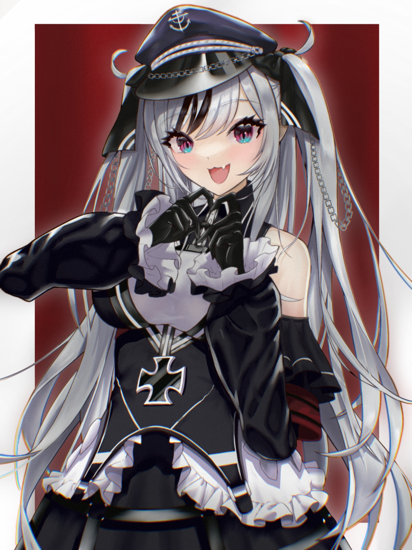 1girl azur_lane bare_shoulders black_bow black_gloves black_hair black_headwear black_ribbon blue_eyes bow breasts cross dress elbe_(azur_lane) fang frilled_dress frills gloves gradient_eyes hat heart heart_hands highres iron_cross large_breasts long_hair looking_at_viewer multicolored_eyes multicolored_hair open_mouth peaked_cap red_background ribbon silver_hair simple_background skin_fang solo standing streaked_hair twintails two-tone_background two-tone_dress two-tone_hair very_long_hair violet_eyes white_background white_dress y_yion