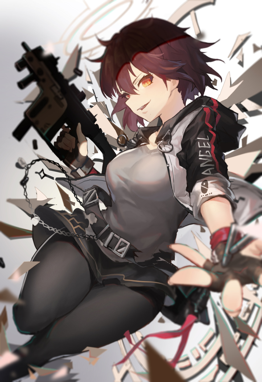 1girl absurdres arknights black_gloves black_jacket black_legwear black_skirt chinese_commentary commentary_request debris exusiai_(arknights) fingerless_gloves foreshortening gloves grey_background grey_shirt gun halo highres holding holding_gun holding_weapon jacket kami_otona kriss_vector looking_at_viewer orange_eyes pantyhose parted_lips reaching_out redhead shirt short_hair skirt sleeves_rolled_up smirk solo submachine_gun weapon white_jacket