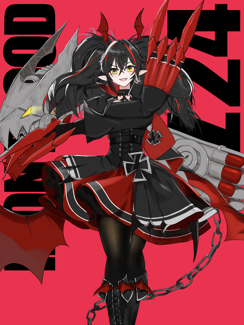 1girl absurdres asymmetrical_clothes azur_lane bat_wings black_choker black_dress black_footwear black_hair black_legwear boots chain character_name choker claw_(weapon) cross cross-laced_footwear dress earrings eyebrows_visible_through_hair hair_between_eyes highres iron_cross jewelry long_hair looking_at_viewer mechanical_arms minus-low multicolored_hair open_mouth pantyhose pointy_ears red_background red_dress redhead rigging short_dress simple_background slit_pupils solo streaked_hair torpedo_launcher torpedo_tubes two-tone_dress underbust weapon white_hair wing_hair_ornament wings yellow_eyes z24_(azur_lane)