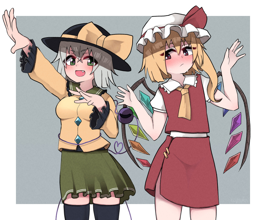 2girls ascot bangs black_headwear black_legwear blonde_hair blouse blush bow buttons closed_mouth collared_blouse commentary cowboy_shot crystal diamond_button eyeball eyebrows_visible_through_hair fang flandre_scarlet frilled_shirt_collar frilled_sleeves frills frown furrowed_brow green_eyes green_skirt grey_background grey_hair hair_between_eyes hat hat_ribbon heart heart_of_string highres komeiji_koishi long_sleeves looking_to_the_side medium_hair medium_skirt mob_cap multiple_girls one_side_up open_mouth puffy_short_sleeves puffy_sleeves red_bow red_eyes red_ribbon red_skirt red_vest ribbon shirt short_sleeves skirt skirt_set smile standing thigh-highs third_eye topadori touhou vest white_background white_shirt wide_sleeves wings yellow_ascot yellow_blouse yellow_ribbon