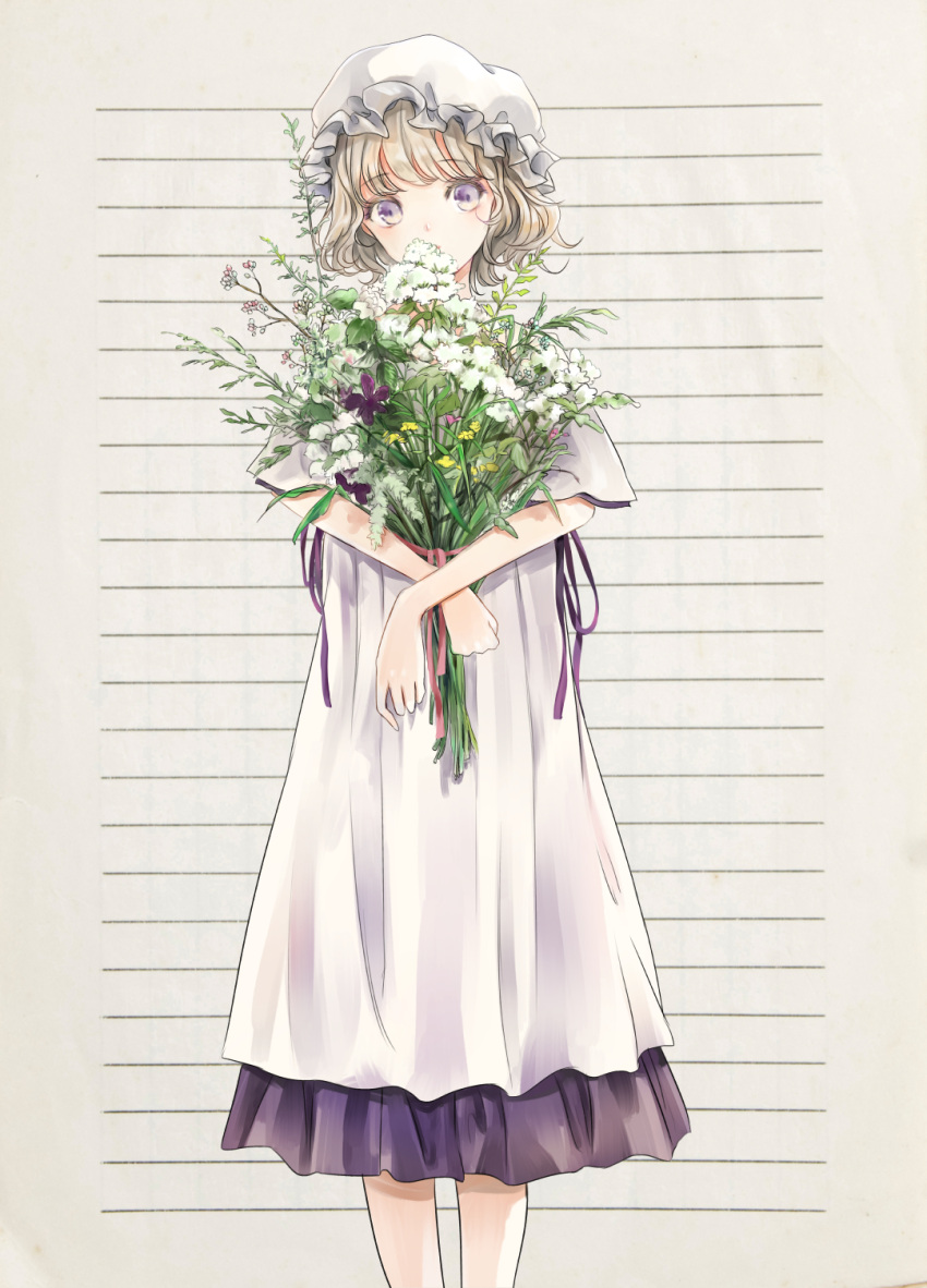 1girl adapted_costume bangs blonde_hair blunt_bangs bouquet commentary covered_mouth dress eyebrows_visible_through_hair feet_out_of_frame flower hat highres holding holding_bouquet layered_clothing looking_at_viewer maribel_hearn mob_cap poteimo_(poteimo622) purple_dress purple_flower purple_ribbon red_ribbon ribbon short_hair simple_background solo standing touhou violet_eyes white_dress white_flower white_headwear yellow_flower