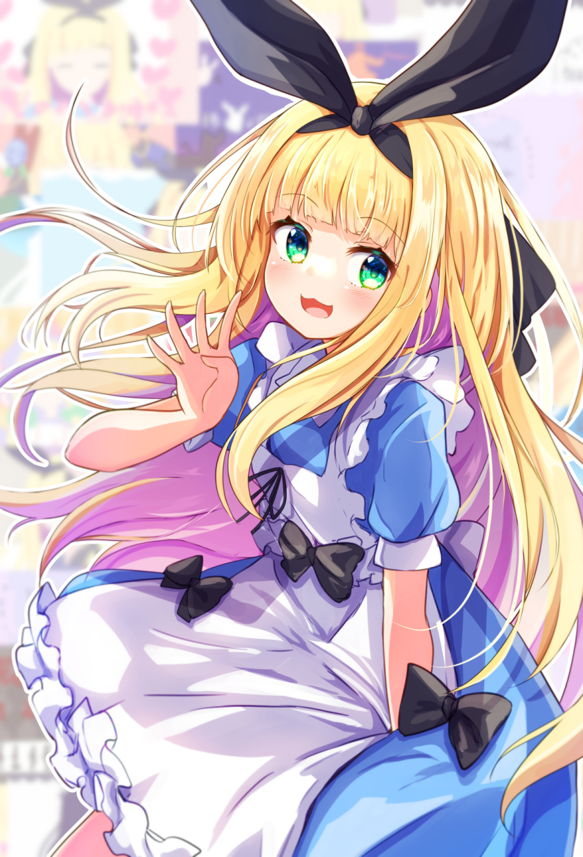1girl :3 :d apron bangs baram black_bow black_ribbon blonde_hair blue_dress blurry blurry_background blush bow collared_dress commentary_request depth_of_field dress eyebrows_visible_through_hair finger_counting frilled_apron frills green_eyes hair_ribbon hand_up highres long_hair looking_at_viewer mononobe_alice multicolored_hair neck_ribbon nijisanji puffy_short_sleeves puffy_sleeves purple_hair ribbon short_sleeves smile solo two-tone_hair very_long_hair virtual_youtuber white_apron