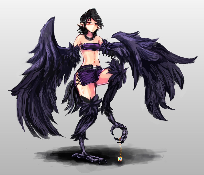 1girl bare_shoulders belt bird_legs bird_tail black_feathers black_hair black_harpy black_skirt black_wings blush choker commentary_request earrings feathered_wings feathers foot_hold grey_background harpy highres jewelry midriff monster_girl monster_girl_encyclopedia navel necklace pointy_ears red_eyes short_hair skirt solo standing standing_on_one_leg tail talons udetamago winged_arms wings