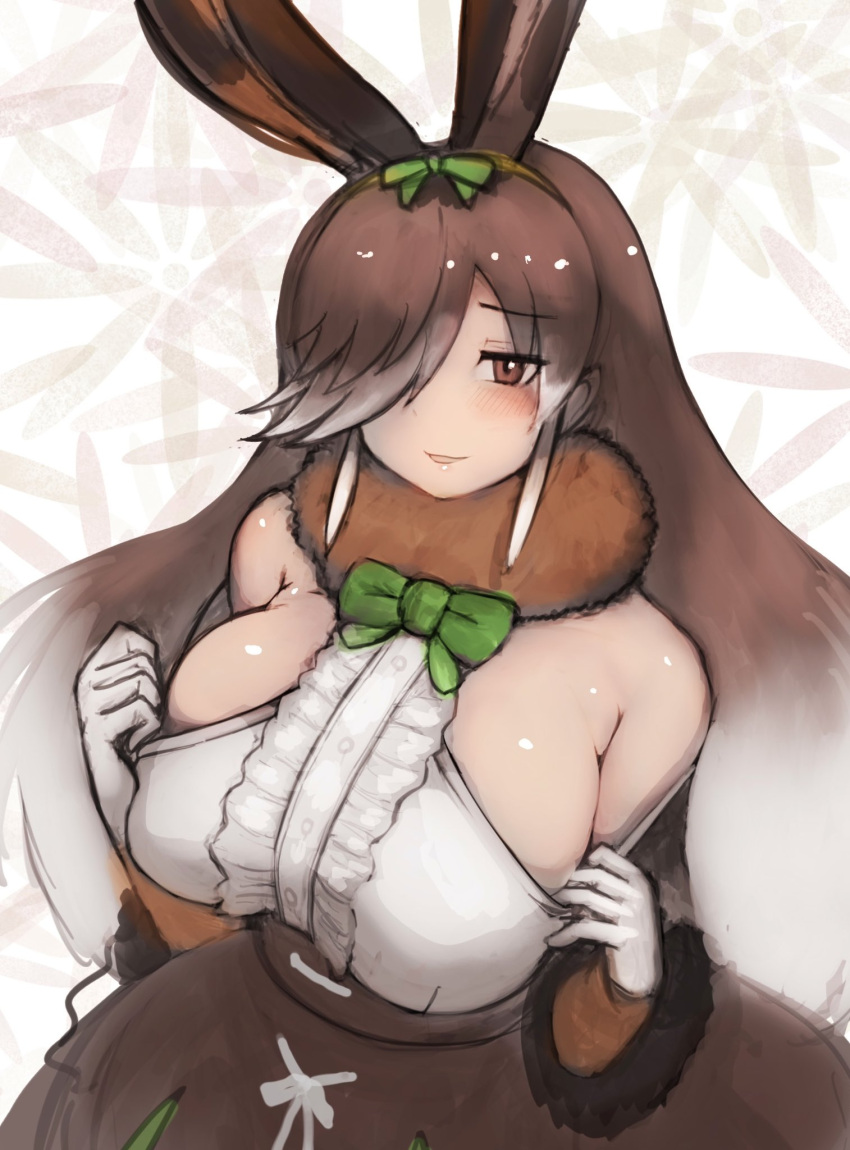1girl alternate_breast_size animal_ears bangs bare_shoulders blush bow bowtie breasts brown_eyes brown_hair center_frills clothes_pull detached_sleeves european_hare_(kemono_friends) extra_ears eyebrows_visible_through_hair eyes_visible_through_hair frills furrowed_brow furry gloves hair_over_one_eye hands_up highres huge_breasts kemono_friends long_bangs long_hair looking_at_viewer multicolored_hair parted_bangs parted_lips pulled_by_self rabbit_ears seductive_smile shibori_kasu shirt sidelocks sketch skindentation skirt smile solo teasing two-tone_hair upper_body very_long_hair white_hair