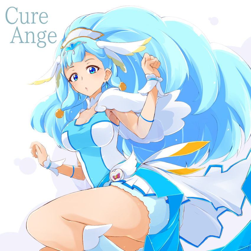 1girl ashita_wa_hitsuji blue_dress blue_eyes blue_hair boots breasts character_name commentary_request cure_ange dress earrings english_text eyelashes hair_ornament highres hugtto!_precure jewelry large_breasts long_hair looking_at_viewer magical_girl precure signature simple_background solo standing white_background wrist_cuffs yakushiji_saaya