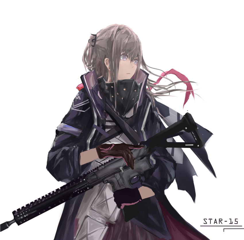 1girl absurdres ar-15 bangs black_gloves blonde_hair character_name closed_mouth eyebrows_visible_through_hair girls_frontline gloves gun highres holding holding_gun holding_weapon jacket light_purple_eyes long_hair looking_away open_clothes open_jacket purple_jacket rifle side_ponytail solo st_ar-15_(girls'_frontline) standing weapon white_background xiu_kukkii