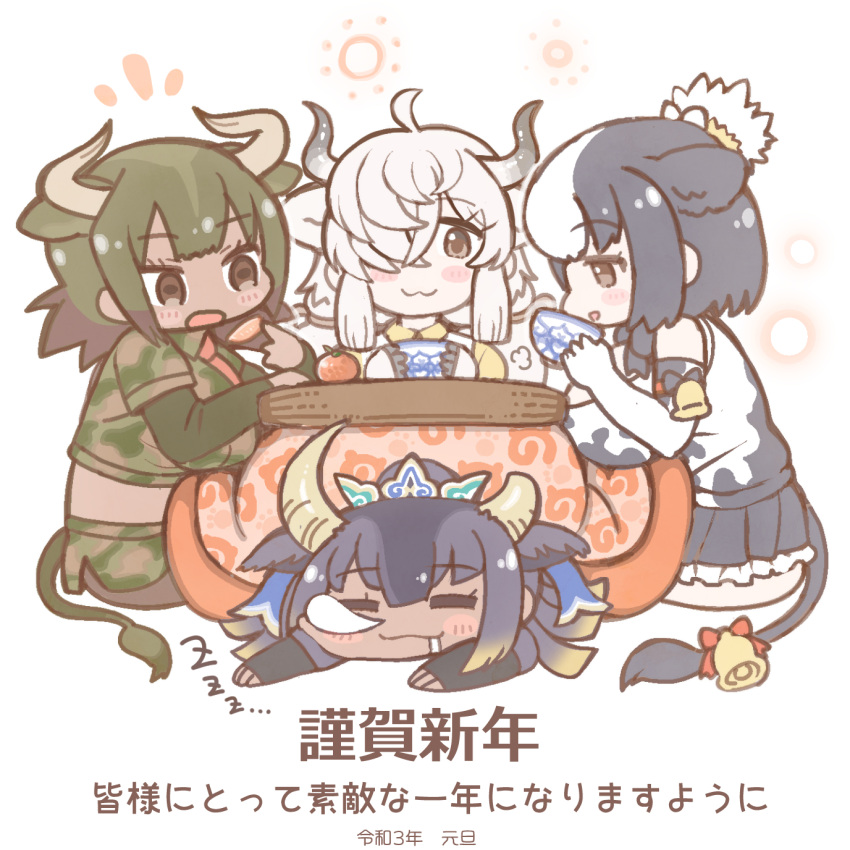 4girls :3 animal_ears animal_print aurochs_(kemono_friends) bell black_hair black_legwear black_skirt blue_hair blush broken_horn brown_hair chinese_zodiac closed_eyes cow_ears cow_girl cow_horns cow_print cow_tail crop_top dark-skinned_female dark_skin drooling elbow_gloves extra_ears eyebrows_visible_through_hair gloves goshingyu-sama_(kemono_friends) green_hair hair_over_one_eye highres holstein_friesian_cattle_(kemono_friends) horns kemono_friends kotatsu long_hair looking_at_another lying multicolored_hair multiple_girls nose_bubble on_stomach ox_ears ox_girl ox_horns pantyhose pencil_skirt pleated_skirt print_gloves print_shirt print_skirt saliva shirt short_hair sitting skirt sleeping sleeveless smile table tail tail_bell tail_ornament tanaka_kusao tank_top translation_request two-tone_hair white_hair yak_(kemono_friends) year_of_the_ox