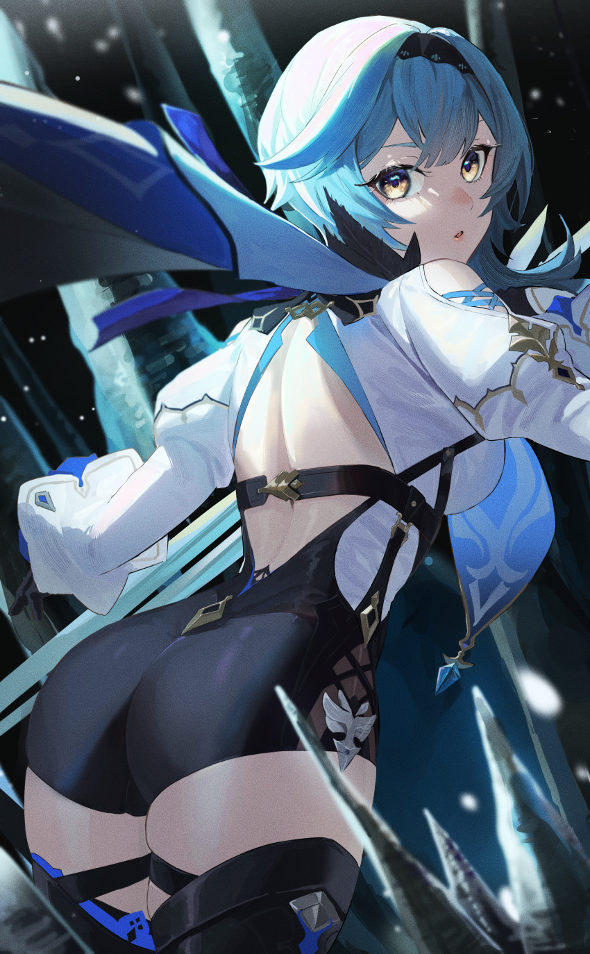 absurdres ass back backless_leotard blue_hair cape eula_(genshin_impact) from_behind genshin_impact hairband highres ice leotard long_sleeves looking_back open_mouth puffy_long_sleeves puffy_sleeves thigh_strap yellow_eyes you-6-11
