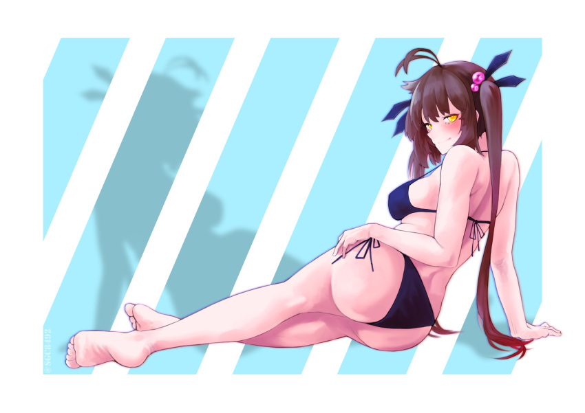 1girl ass bangs bare_legs barefoot bikini blue_bikini blue_swimsuit blush breasts brown_hair closed_mouth commission eyebrows_visible_through_hair full_body girls_frontline hair_ribbon hand_on_floor hand_on_thigh highres legs long_hair looking_at_viewer looking_to_the_side lying m14_(girls'_frontline) medium_breasts on_side pixiv_request ribbon sideboob simple_background smile soles solo sugac swimsuit thighs twintails yellow_eyes