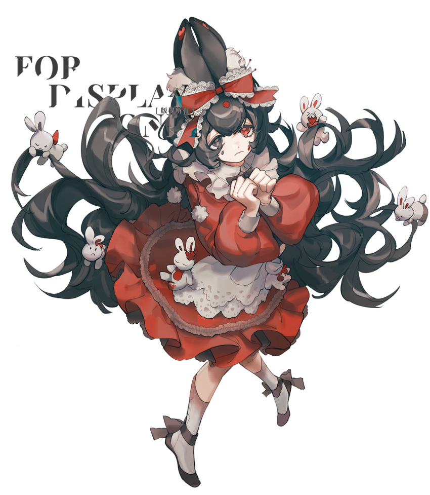 1girl 3: animal_ears apron black_footwear bow bowtie brown_eyes brown_hair commentary_request crying crying_with_eyes_open dress frills full_body hair_bow heterochromia highres lace lace-trimmed_apron lace-trimmed_bow lace_trim long_hair long_sleeves original orniflop own_hands_together pom_pom_(clothes) puffy_long_sleeves puffy_sleeves rabbit rabbit_ears red_bow red_dress red_eyes shoes simple_background solo stitches tears translation_request upset very_long_hair watermark white_apron white_background