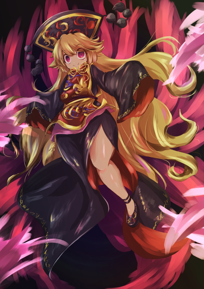 1girl age_regression antamanide aura bangs black_dress black_headwear black_sash blonde_hair breasts clothing_cutout dress energy evil_smile eyebrows_visible_through_hair full_body highres junko_(touhou) long_dress long_hair long_sleeves medium_breasts sash side_slit sleeves_past_fingers sleeves_past_wrists smile solo standing tabard tassel thighs touhou touhou_lost_word very_long_hair wide-eyed wide_sleeves younger