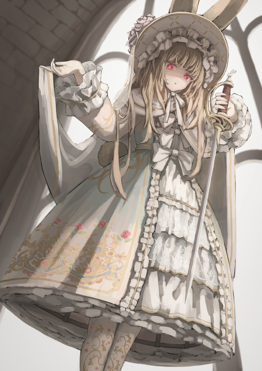 1girl bangs blonde_hair dress eyebrows_visible_through_hair feet_out_of_frame floral_print flower frilled_dress frills from_below highres holding holding_sword holding_weapon indoors lolita_fashion long_hair long_sleeves looking_at_viewer open_mouth original osabachan red_eyes rose solo standing sword weapon white_dress white_flower white_headwear white_legwear white_rose