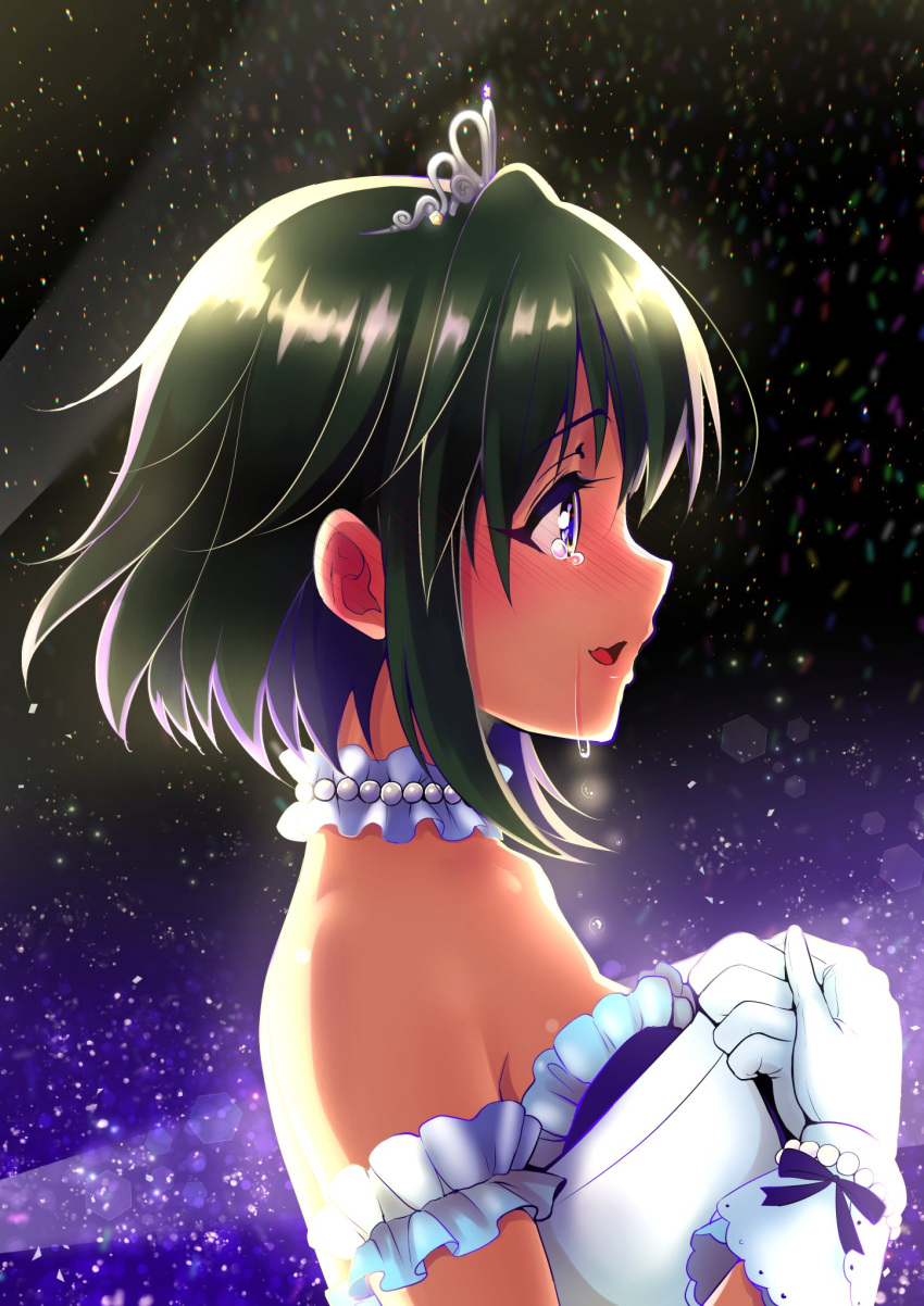 1girl blush choker crying crying_with_eyes_open dark-skinned_female dark_skin dress from_side gloves green_hair hands_on_own_chest highres idolmaster idolmaster_cinderella_girls jewelry light_particles natalia_(idolmaster) necklace pearl_necklace short_hair solo starry_sky_bright_(idolmaster) strapless strapless_dress tears tiara violet_eyes white_dress white_gloves yuki_sizuku