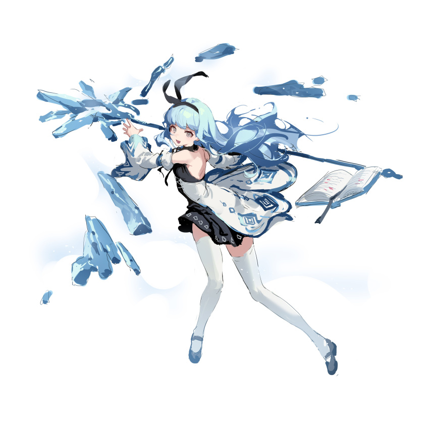 1girl :d absurdres animal_ears backless_dress backless_outfit bangs bare_shoulders black_dress black_hairband blue_footwear blue_hair blunt_bangs book commentary copyright_request cross-laced_clothes dress fake_animal_ears full_body hairband highres holding holding_polearm holding_weapon ice long_hair looking_at_viewer magic mary_janes open_book open_mouth polearm shisantian shoes smile solo symbol-only_commentary thigh-highs waist_cape weapon white_background zettai_ryouiki