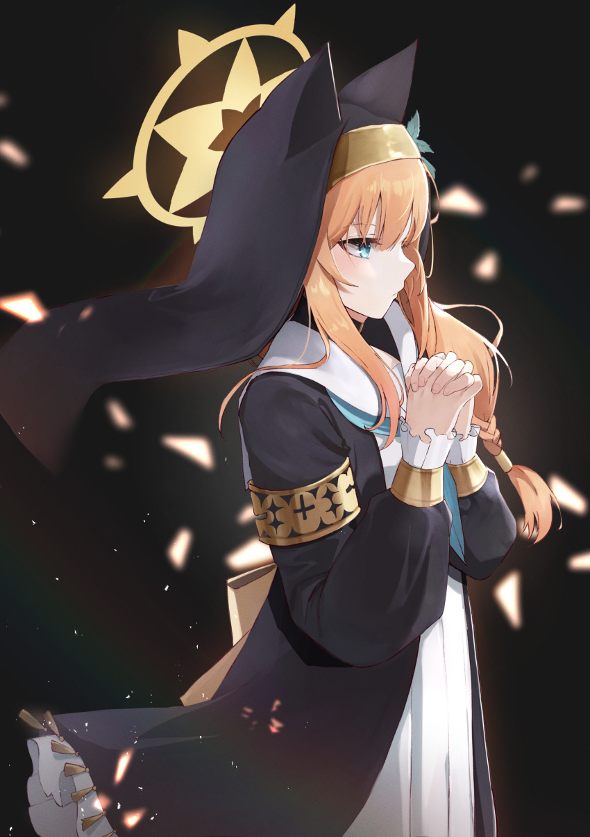 1girl absurdres bangs black_background blonde_hair blue_archive blue_eyes blurry blush dress eyebrows_visible_through_hair from_side habit highres interlocked_fingers jewelry long_hair long_sleeves mari_(blue_archive) megu_(pixiv9460065) nun own_hands_clasped own_hands_together praying sidelocks solo