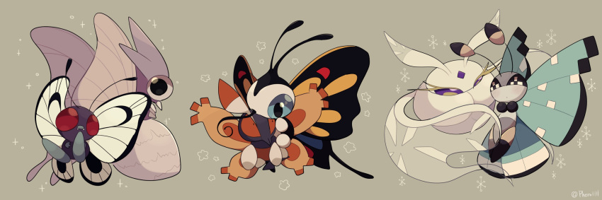 a-nya antennae beautifly black_eyes blue_eyes bug butterfree flower frosmoth gen_1_pokemon gen_3_pokemon gen_4_pokemon gen_6_pokemon gen_8_pokemon grey_background insect insect_wings mothim no_humans pokemon pokemon_(creature) red_eyes snowflakes sparkle venomoth vivillon