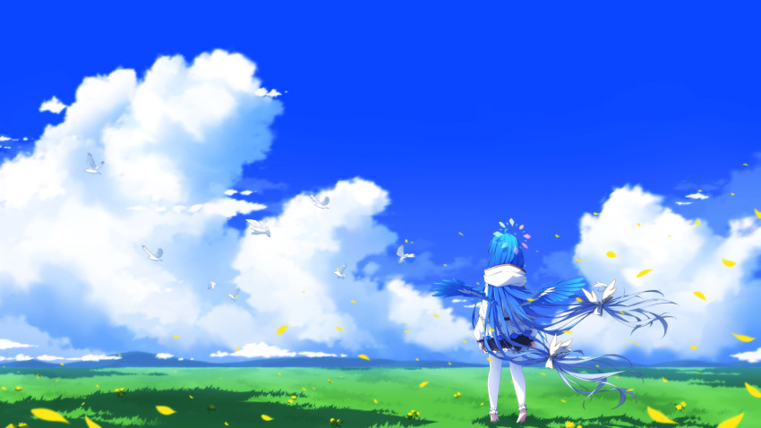 1girl absurdly_long_hair ahoge animal aoi_thomas bird black_skirt blue_hair blue_sky blue_wings bow clouds commentary_request day facing_away feathered_wings field floating_hair from_behind grass hair_bow highres hood hood_down hooded_jacket jacket long_hair mountain original outdoors pantyhose petals skirt sky solo very_long_hair white_bow white_jacket white_legwear wings