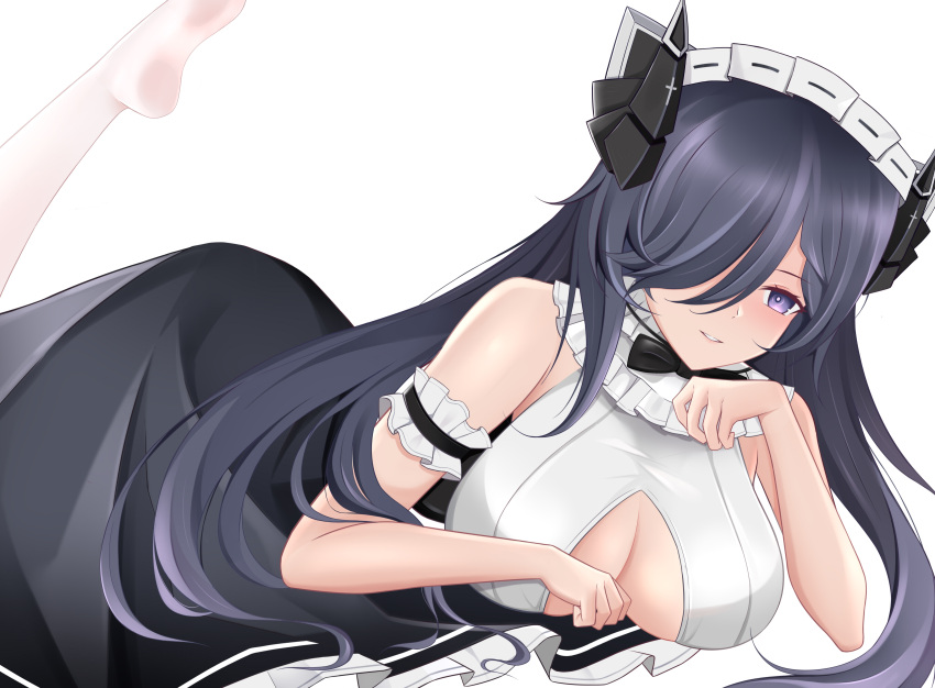 1girl absurdres august_von_parseval_(azur_lane) azur_lane black_dress breasts center_opening curled_horns dress hair_over_one_eye highres horns large_breasts long_hair looking_at_viewer mechanical_horns mr2ran no_shoes purple_hair simple_background sleeveless soles solo two-tone_dress violet_eyes white_background white_dress white_legwear