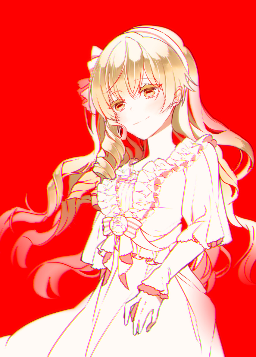 1girl absurdres aoi_sakurako bangs blonde_hair brown_eyes closed_mouth colored_eyelashes commentary_request copyright_request dress eyebrows_visible_through_hair frilled_dress frills hair_between_eyes hairband highres layered_sleeves long_hair long_sleeves puffy_short_sleeves puffy_sleeves red_background ringlets short_over_long_sleeves short_sleeves simple_background smile solo very_long_hair white_dress white_hairband