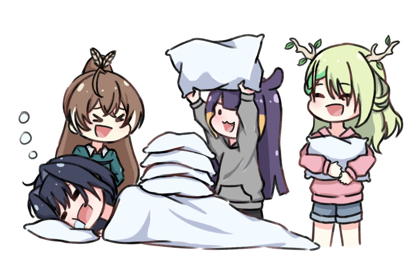 &gt;_&lt; 4girls :3 :d =_= absurdres ange_(azukitsunee) antlers black_hair brown_hair ceres_fauna chibi commentary drooling english_commentary fang feather_hair_ornament feathers green_hair hair_ornament highres hololive hololive_english laughing long_hair lying multiple_girls nanashi_mumei ninomae_ina'nis open_mouth ouro_kronii pillow ponytail prank purple_hair short_hair simple_background sleeping smile solid_circle_eyes virtual_youtuber white_background xd