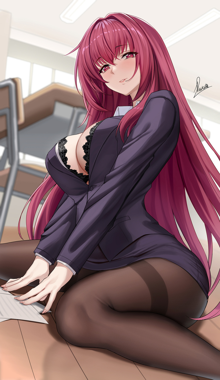 1girl alternate_costume black_jacket black_skirt bra bra_peek breasts brown_legwear classroom collared_shirt desk fate/grand_order fate_(series) highres jacket large_breasts long_hair looking_at_viewer pantyhose paper parted_lips pencil_skirt piukute062 purple_hair red_eyes scathach_(fate) school_desk shirt signature sitting skirt solo straight_hair teacher unbuttoned unbuttoned_shirt underwear very_long_hair wariza white_shirt wooden_floor