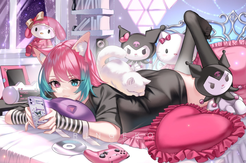 1girl animal animal_ear_fluff animal_ears animal_on_back bangs black_legwear blue_eyes blue_hair blush cat cat_ears cd cellphone closed_mouth controller copyright_request full_body game_controller heart heart_pillow highres holding holding_phone indie_virtual_youtuber looking_at_phone lying multicolored_hair no_shoes on_bed on_stomach phone pillow pink_eyes pink_hair rafilia_(vtuber) ringeko-chan smartphone solo stuffed_animal stuffed_toy the_pose thigh-highs two-tone_hair