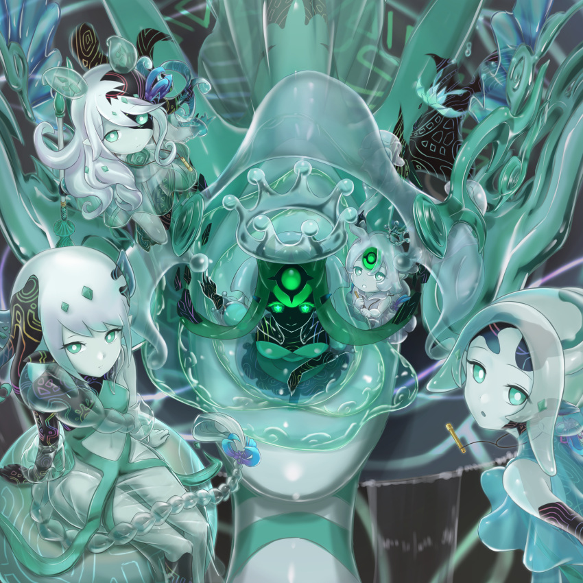 5girls absurdres annotated black_skin breasts bright_pupils colored_sclera colored_skin crown duel_monster facial_mark feet_out_of_frame forehead_mark glowing glowing_eyes gradient_skin green_eyes green_hair green_sclera hair_ornament highres icejade_acti icejade_aegirine icejade_kosmochlor icejade_tinola icejade_tremora long_hair medium_breasts monster_girl multicolored_skin multiple_girls navel pointy_ears sitting slime_girl soanote white_hair white_pupils white_skin wings yu-gi-oh!