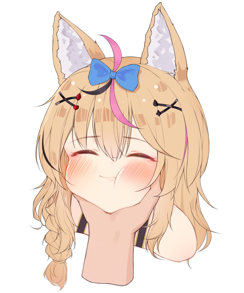 1girl :t absurdres animal_ears bangs blonde_hair blue_bow blush bow chessy closed_eyes closed_mouth eyebrows_visible_through_hair facing_viewer fox_ears grabbing_another's_chin hair_bow hair_ornament hand_on_another's_chin highres hololive long_hair multicolored_hair omaru_polka pink_hair portrait simple_background solo_focus streaked_hair virtual_youtuber white_background x_hair_ornament